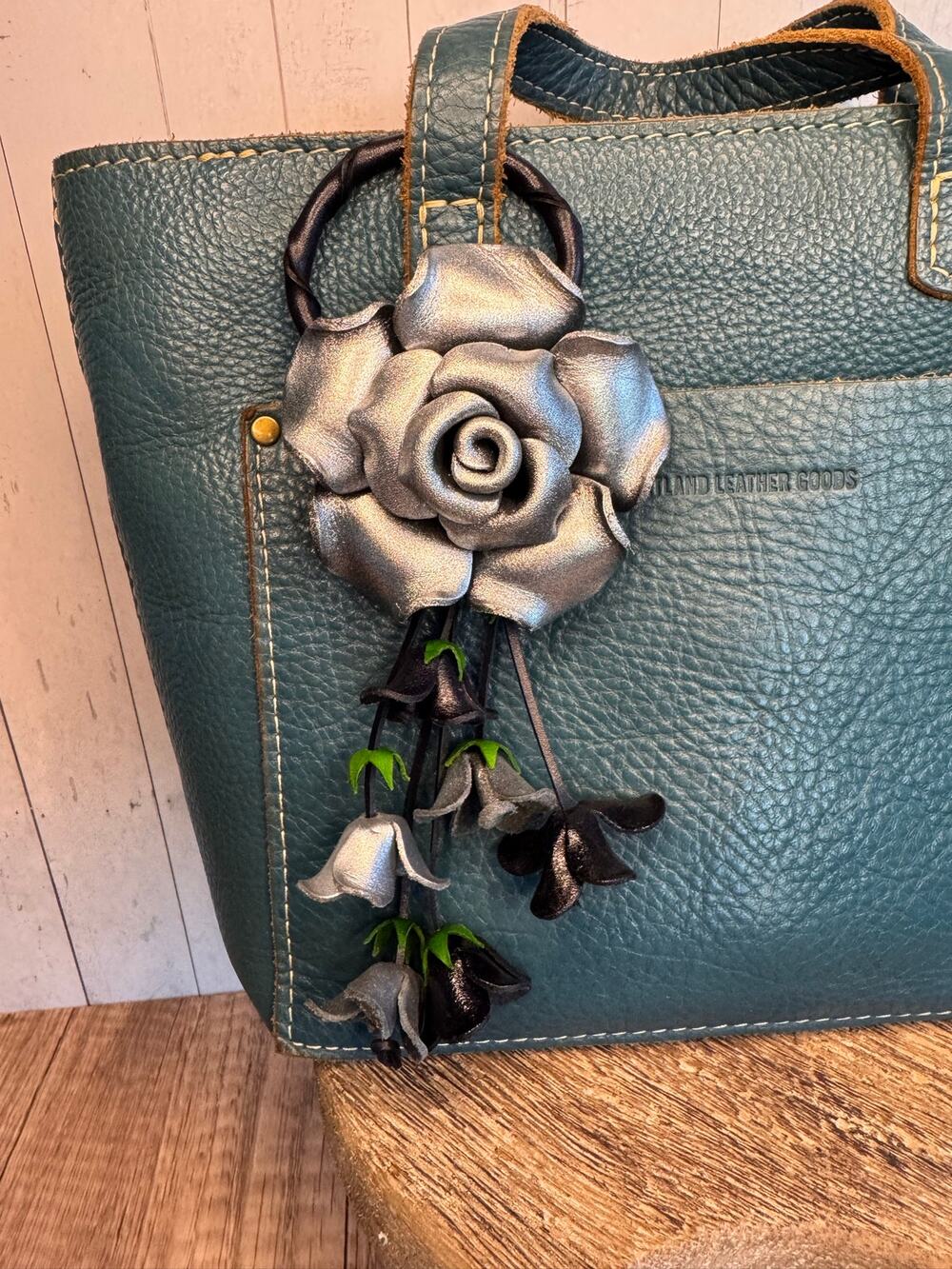 Rose Purse Charm Genuine Leather Silver Rose Summer Flower Bag Charm FAST SHIP